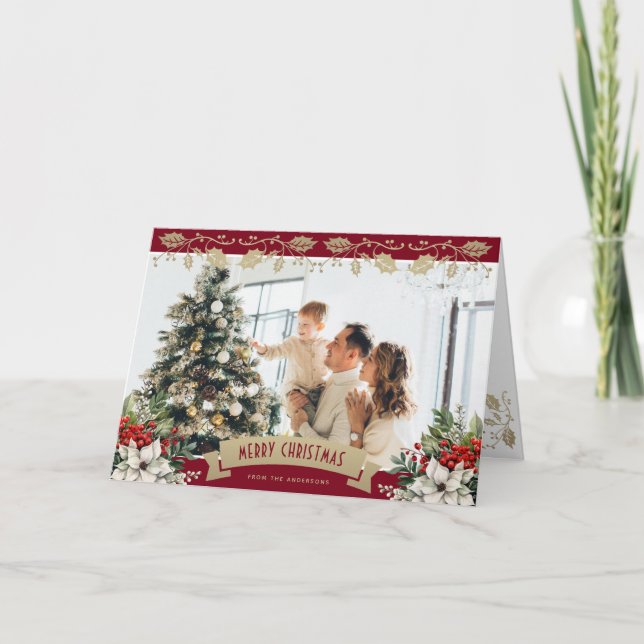 Cartão De Festividades Elegante Poinsettia Vermelha Dourada Foto Natal (Frente)