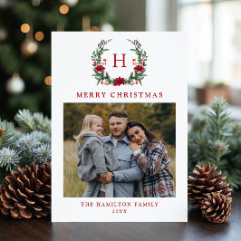 Cartão De Festividades Elegante Poinsettia Wreath Monograma Foto