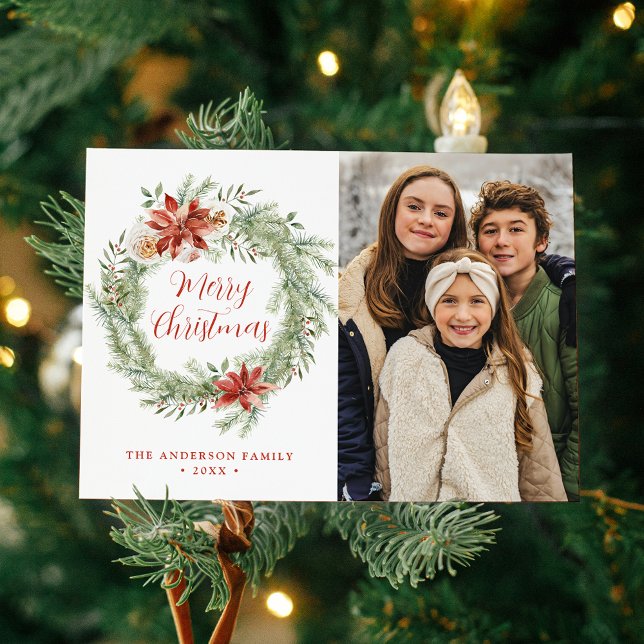 Cartão De Festividades Elegante Poinsettias e Greenery 2 Foto (Criador carregado)