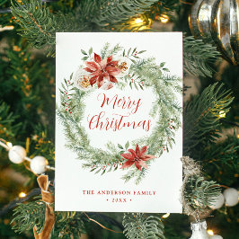 Cartão De Festividades Elegante Poinsettias e Greenery Não Foto