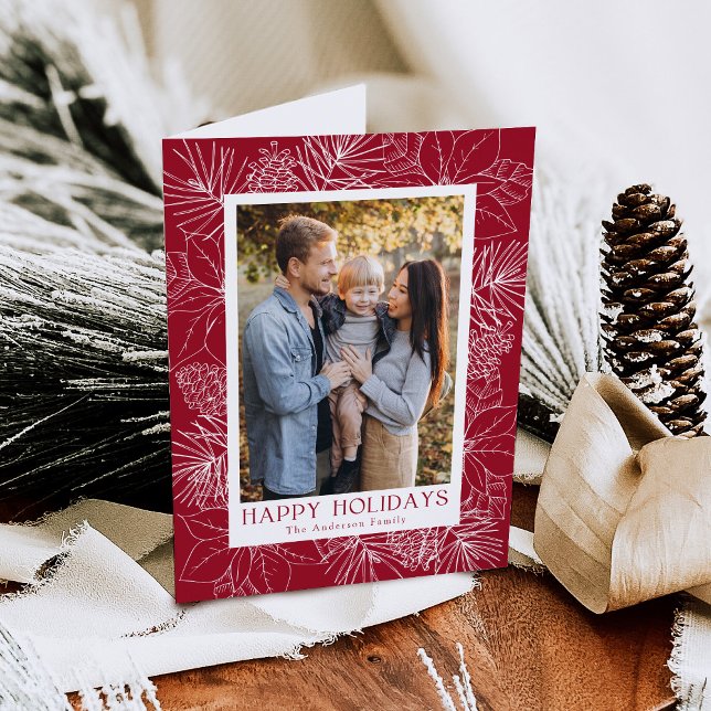 Cartão De Festividades Elegante Poinsettias e Pinecones 2 Foto (Criador carregado)