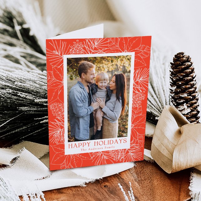 Cartão De Festividades Elegante Poinsettias e Pinecones 2 Foto (Criador carregado)