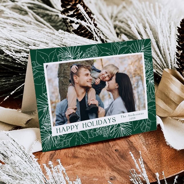 Cartão De Festividades Elegante Poinsettias e Pinecones Green 2 Foto (Criador carregado)