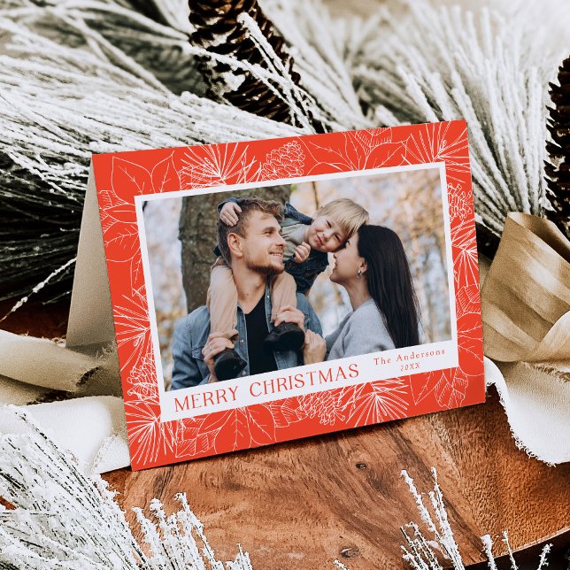 Cartão De Festividades Elegante Poinsettias e Pinecones Orange 2 Foto (Criador carregado)