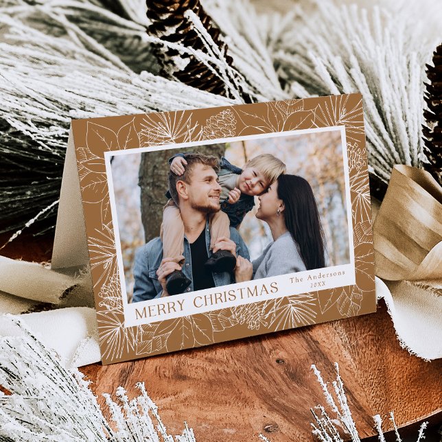 Cartão De Festividades Elegante Poinsettias e Pinecones Toffee 2 Foto (Criador carregado)