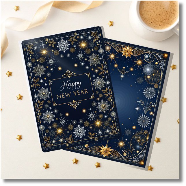 Cartão De Festividades Elegante Preto, Azul e Dourado Feliz Ano Novo (elegant blue and gold happy new year card, sophisticated holiday greeting card, stylish new y)