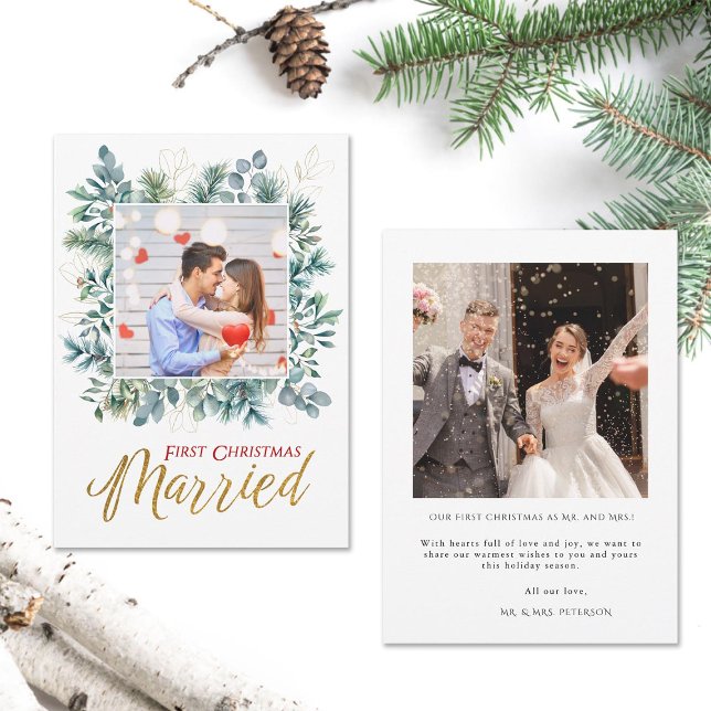 Cartão De Festividades Elegante, Primeiro Natal Casado, 2 Fotos (elegant first christmas married holidays christmas card two photos gold calligraphy modern botanical)