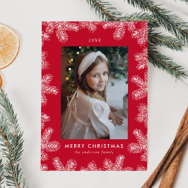 Cartão De Festividades Elegante Quadro de Foto de Pinheiro Vermelho e Bra