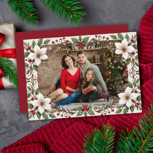 Cartão De Festividades Elegante Quadro Floral de Natal com Foto Personali