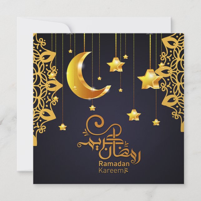 Cartão De Festividades Elegante Ramadan Mubarak Preto Estrelas Crescente  (Frente)