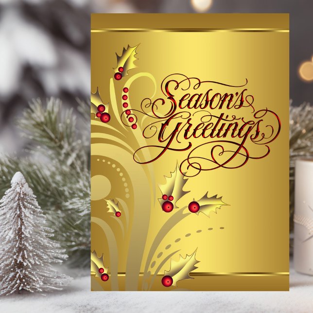 Cartão De Festividades Elegante Red Dourada Holly Christian Christmas (Christian Christmas card with elegant red and gold design.)