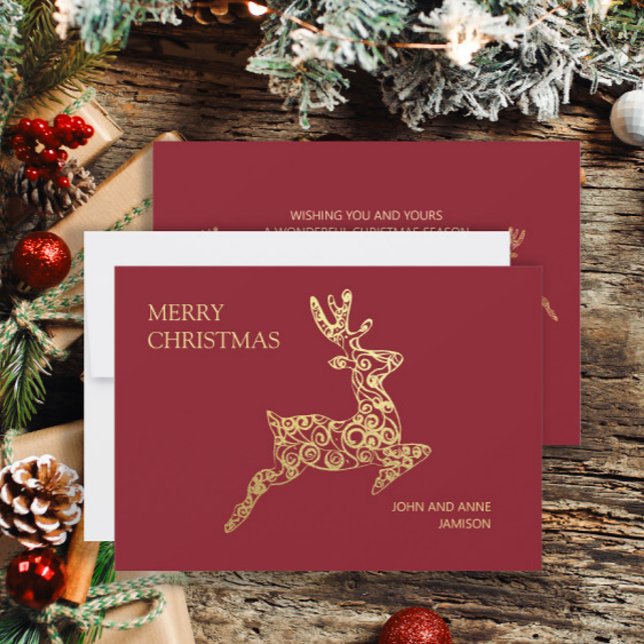 Cartão De Festividades Elegante Red Dourado Reindeer Feliz Natal (Red and gold reindeer Christmas greeting card personalized with your own text.)
