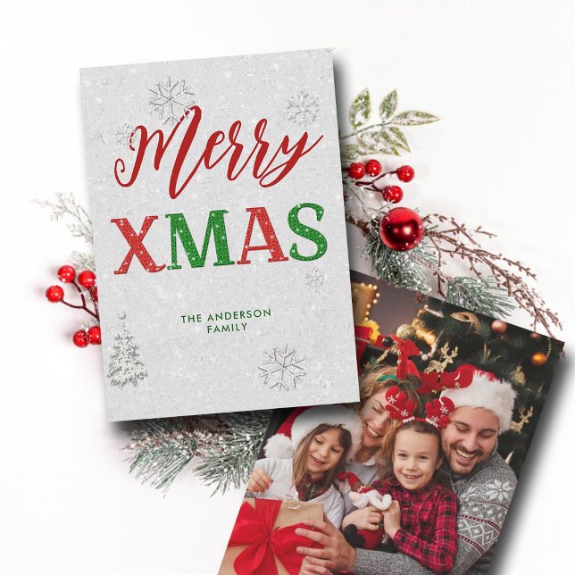 Cartão De Festividades Elegante Red Green Rhinestone Feliz Foto de Natal (Merry Christmas winter wonderland rhinestones sparkle red green white family photo holiday card chic)