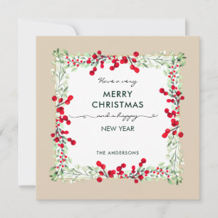 Cartão De Festividades Elegante Red Green Winter Botanic Beige Christmas