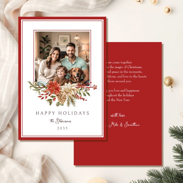 Cartão De Festividades Elegante Red Happy Holidays Poinsettia Foto (Criador carregado)
