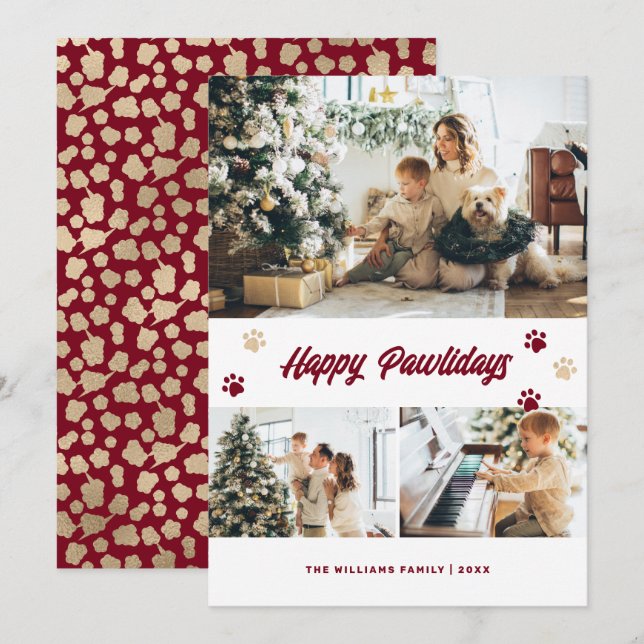 Cartão De Festividades Elegante Red Happy Pawlidays Foto de Estrelas Dour (Frente/Verso)