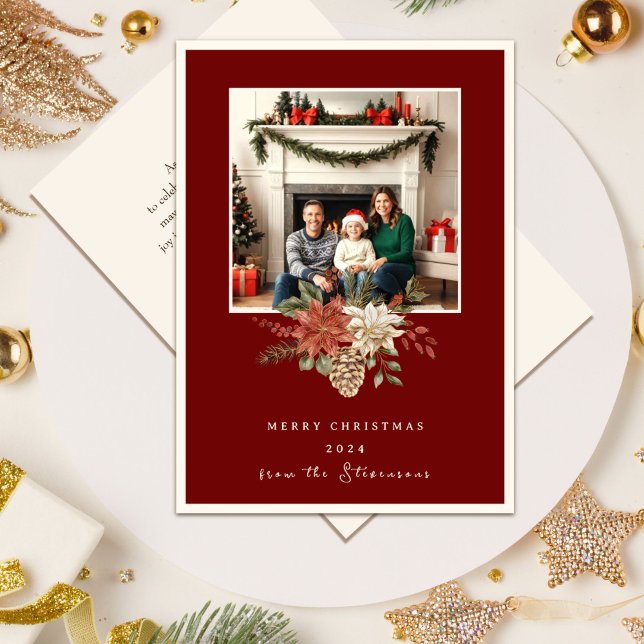 Cartão De Festividades Elegante Red Merry Christmas Poinsettia Foto (Criador carregado)