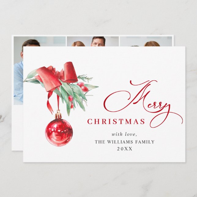 Cartão De Festividades Elegante Red Ornament Natal Saudação 3 FOTO (Frente/Verso)