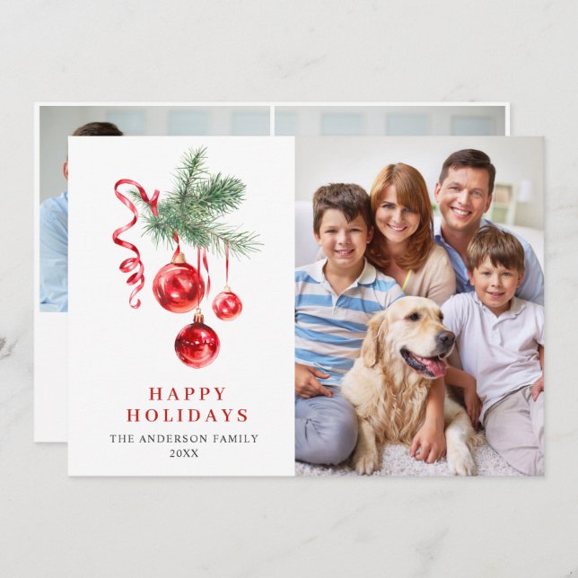 Cartão De Festividades Elegante Red Ornament Natal Saudação 3 FOTO (Frente/Verso)