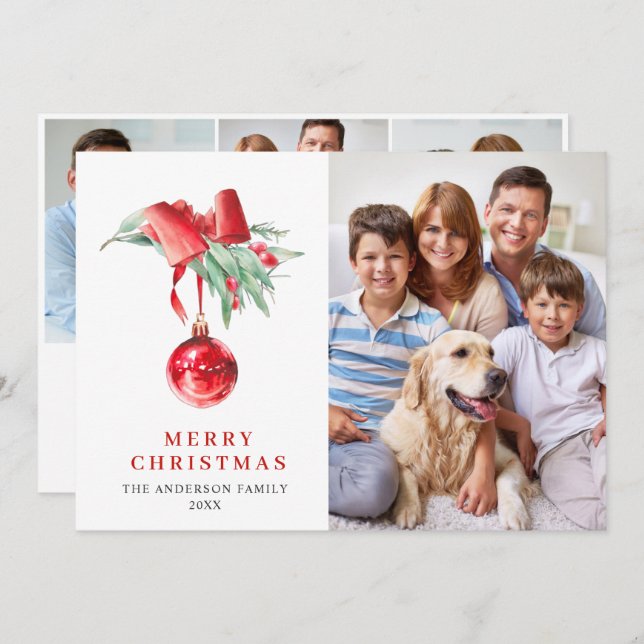 Cartão De Festividades Elegante Red Ornament Natal Saudação 4 FOTO (Frente/Verso)