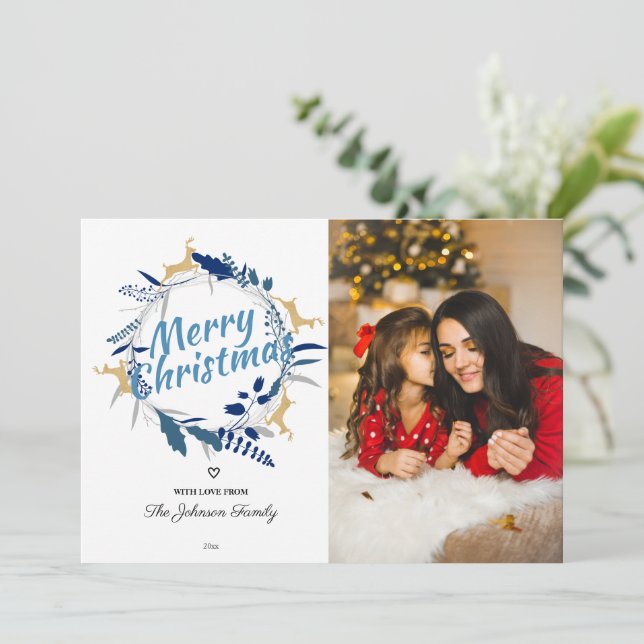 Cartão De Festividades Elegante Reindeer Floral Christmas Wreath Photo Ho (Em pé/Frente)