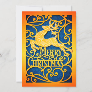 Cartão De Festividades Elegante Rena de Ouro e Azul "Feliz Natal"