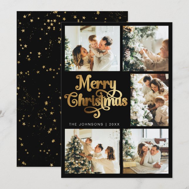 Cartão De Festividades Elegante Retro Faux Dourada Feliz Família de Natal (Frente/Verso)