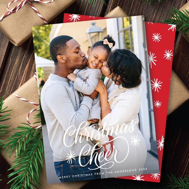Cartão De Festividades Elegante Roteiro Feliz de Natal + Foto de Flocos d (Criador carregado)