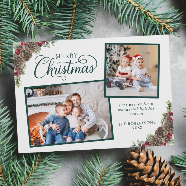 Cartão De Festividades Elegante Roteiro Natal Botânico 2 Foto Verde (Criador carregado)