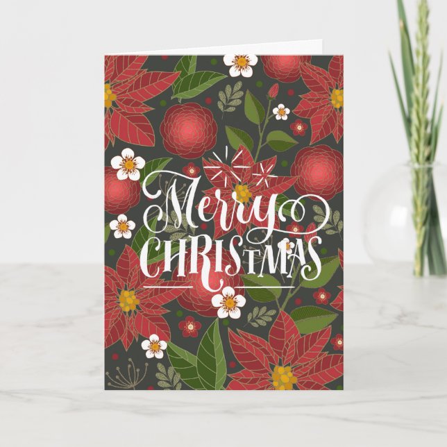 Cartão De Festividades Elegante Roteiro Poinsettia Vermelha Floral Chic N (Frente)