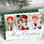 Cartão De Festividades Elegante Roteiro Verde Feliz Natal 3 Foto<br><div class="desc">Cartão de Natal simples com três fotos verticais com "Feliz Natal",  apresentado num roteiro festivo de caligrafia verde. Personalize a frente do cartão de Natal multifoto com seu nome de família e o ano. A placa se inverte para exibir um padrão moderno de xadrez verde e branca.</div>
