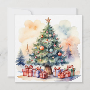 Cartão De Festividades Elegante Rustic Watercolor Merry Árvore de Natal