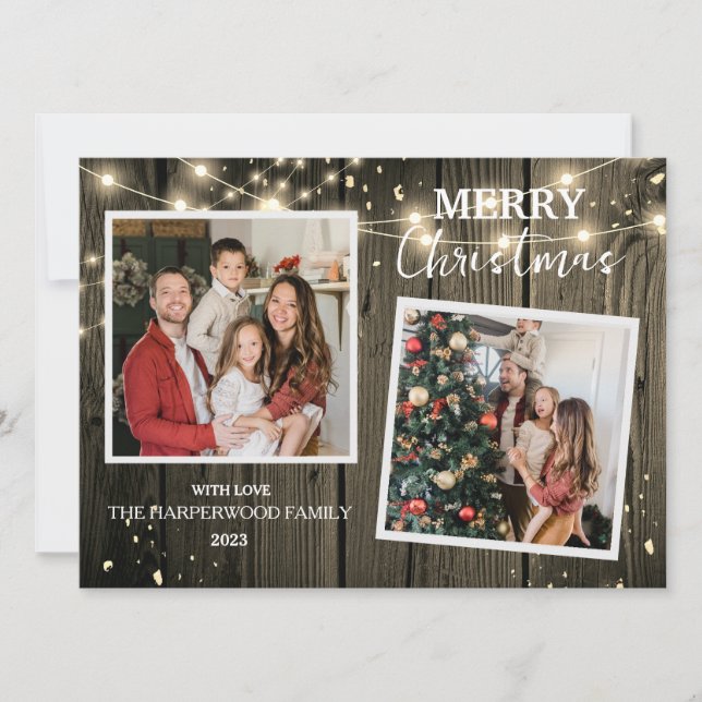 Cartão De Festividades Elegante Rustic Wood Christmas Family 2 Photo (Frente)