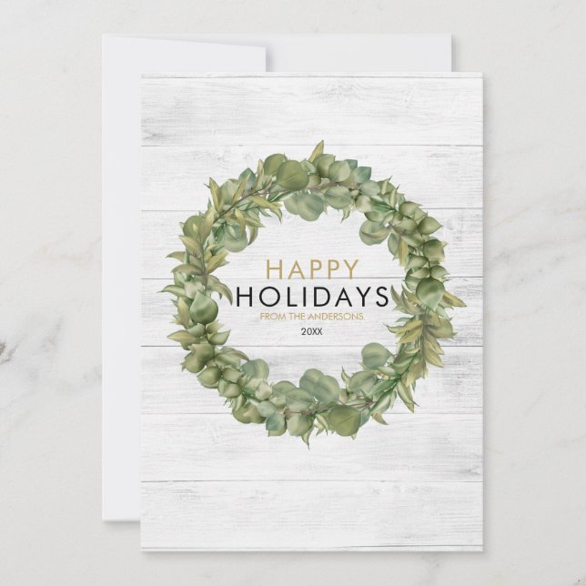 Cartão De Festividades Elegante Rustic Wood Greenery Wreath Natal (Frente)