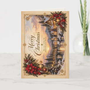 Cartão De Festividades Elegante Saudação de Natal de Inverno Village Vint