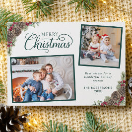 Cartão De Festividades Elegante Script Botânico 2 Foto de Natal Verde