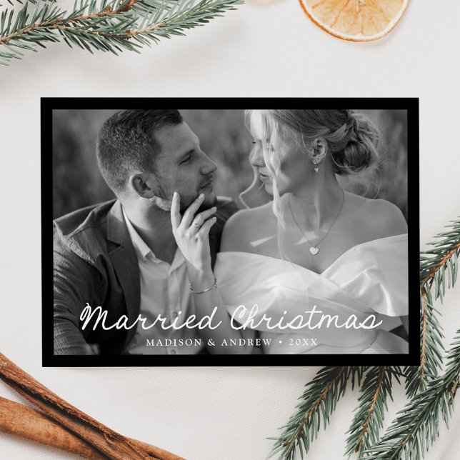 Cartão De Festividades Elegante Script de Natal Casado Foto Preta (Criador carregado)