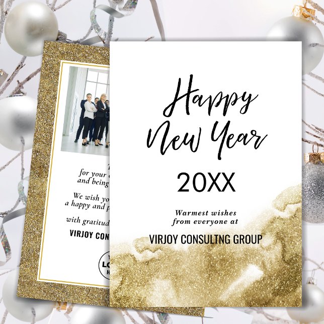 Cartão De Festividades Elegante Script Festivo Dourado Glitter Foto Comer (Criador carregado)