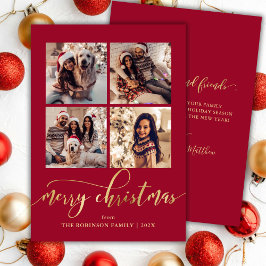 Cartão De Festividades Elegante Script Gold 4 Colagem de Fotos Vermelho N