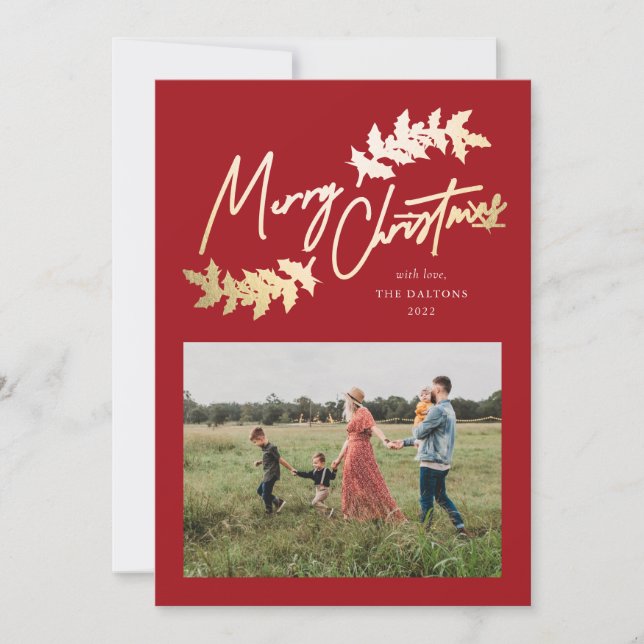 Cartão De Festividades Elegante Script Red Dourado Branches 2 Foto Natal (Frente)