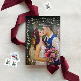 Cartão De Festividades Elegante Scrolls Feliz ano novo Burgundy Foto