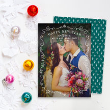 Elegante Scrolls Feliz ano novo Teal Green Foto