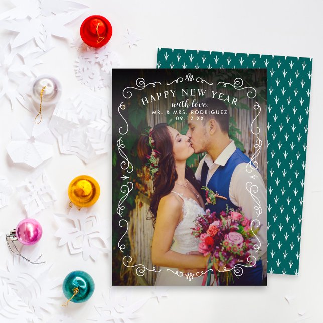 Cartão De Festividades Elegante Scrolls Feliz ano novo Teal Green Foto (Criador carregado)