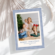 Elegante Simples Xadrez Azul Gingham Foto Natal