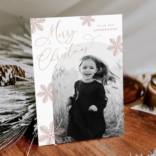 Cartão De Festividades Elegante Snowflakes Dusty Rosa 2 Foto (Criador carregado)