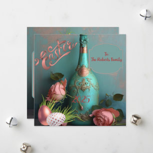 Cartão De Festividades Elegante Teal e Dourado Rosa de Páscoa para Famíli