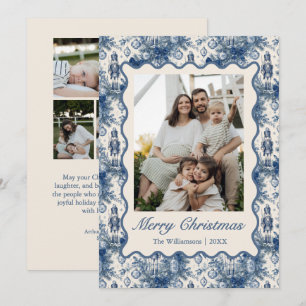 Cartão De Festividades Elegante Toile de Natal Azul Noivador 5 Fotos