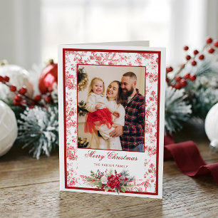 Cartão De Festividades Elegante Toile Vermelha com Foto Floral de Inverno