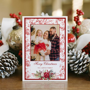 Cartão De Festividades Elegante Toile Vermelho c/ Foto Floral de Inverno