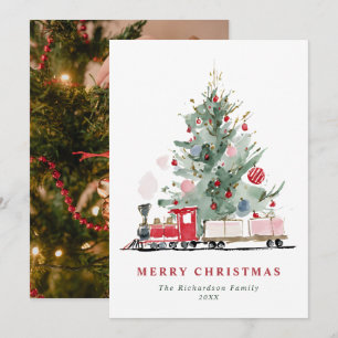 Cartão De Festividades Elegante Trem de Natal com Árvore de Natal em Aqua